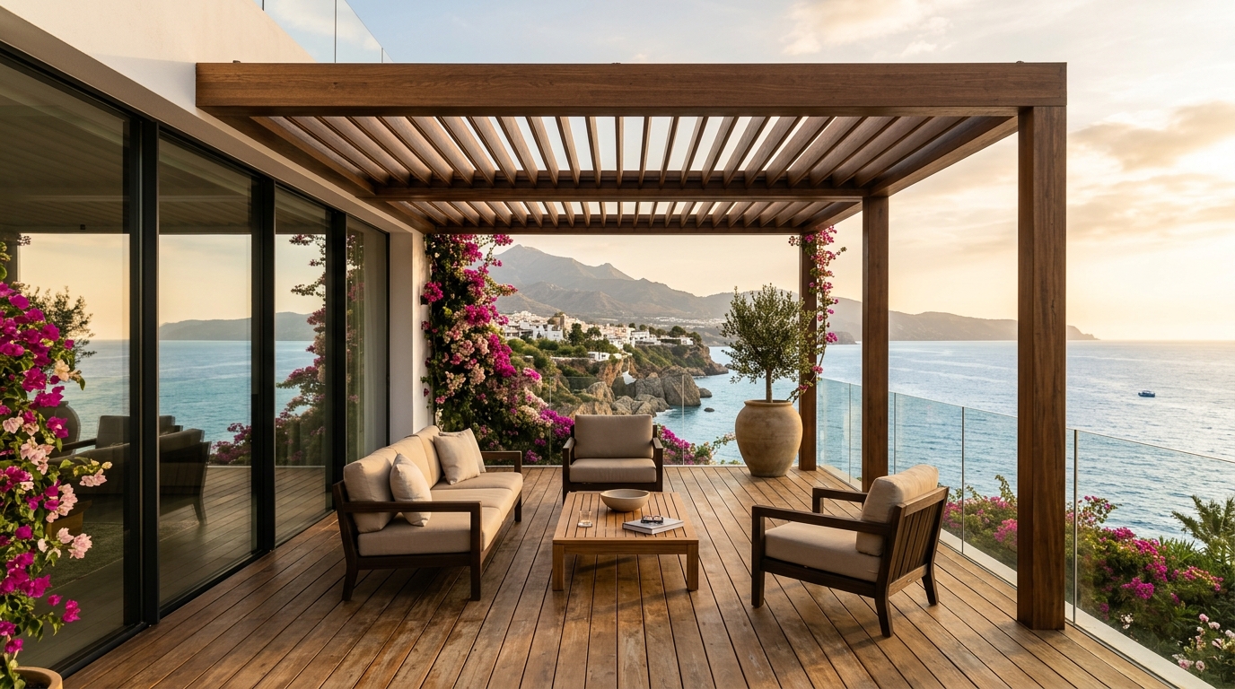 Pérgola de madera en terraza frente al mar en Nerja y Almuñécar